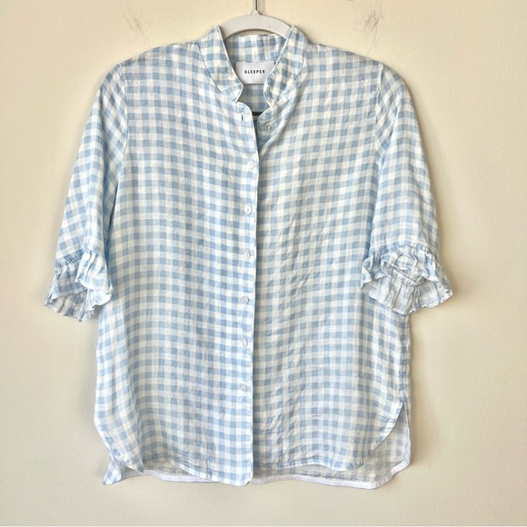 Sleeper Linen Lounge Blue Gingham Checkered Top - Picture 2 of 7